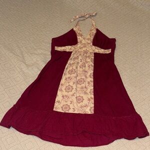 So Wear it Declare it Red Halter Dress with Cream Printed Floral Design Panel